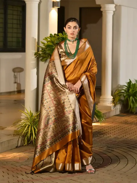 Mustard Tussar Silk Saree with Printed Pallu