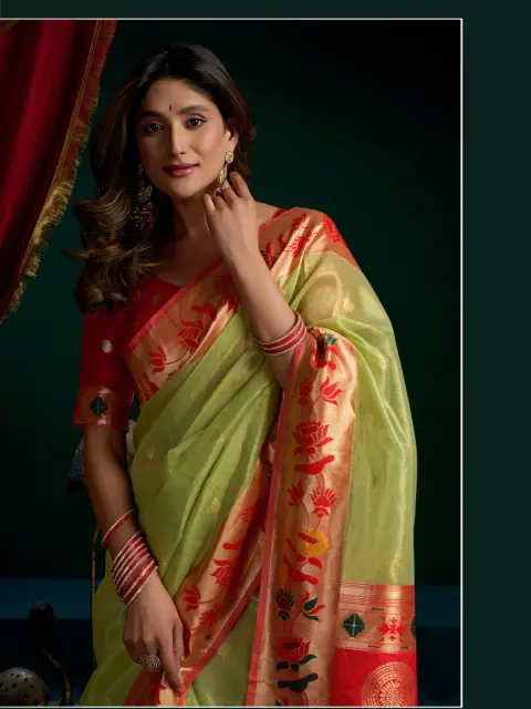 Lime Green Tissue Paithani Saree