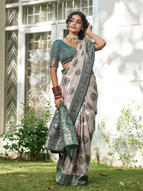 Cream Silk Blend Saree with Dark Green Border