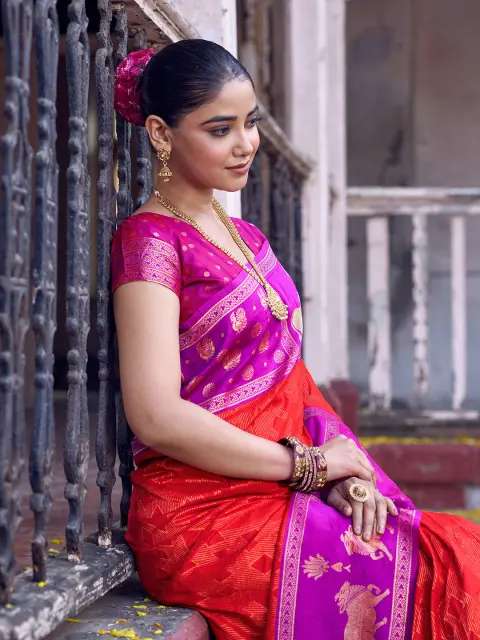 Red Soft Silk Saree with Magenta Paithani Border