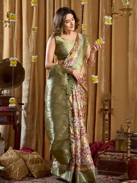 Pista Green Cluster Print Saree with Banarasi Border