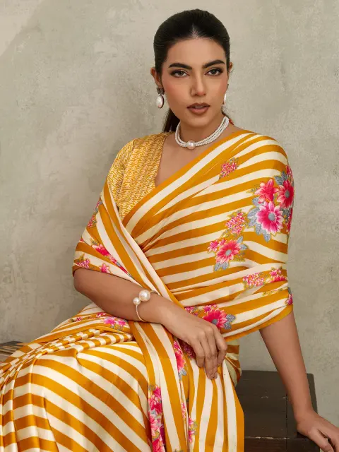 Yellow Striped Satin Saree with Floral Print