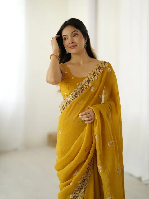 Mustard Chiffon Saree with Sequin Work