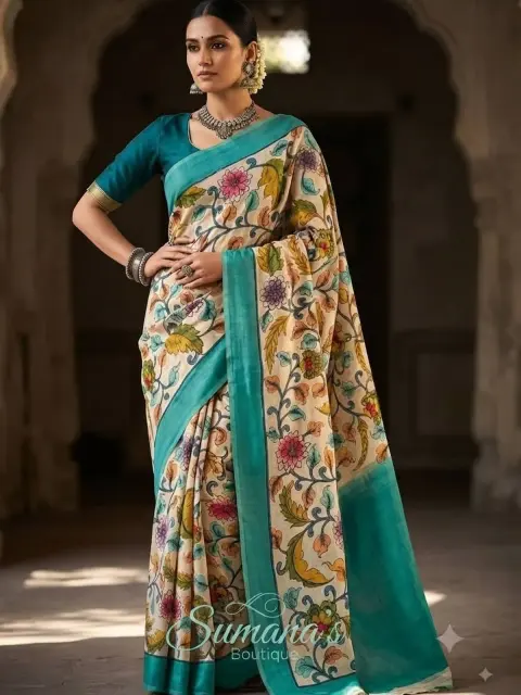 Teal Kalamkari Effect Saree