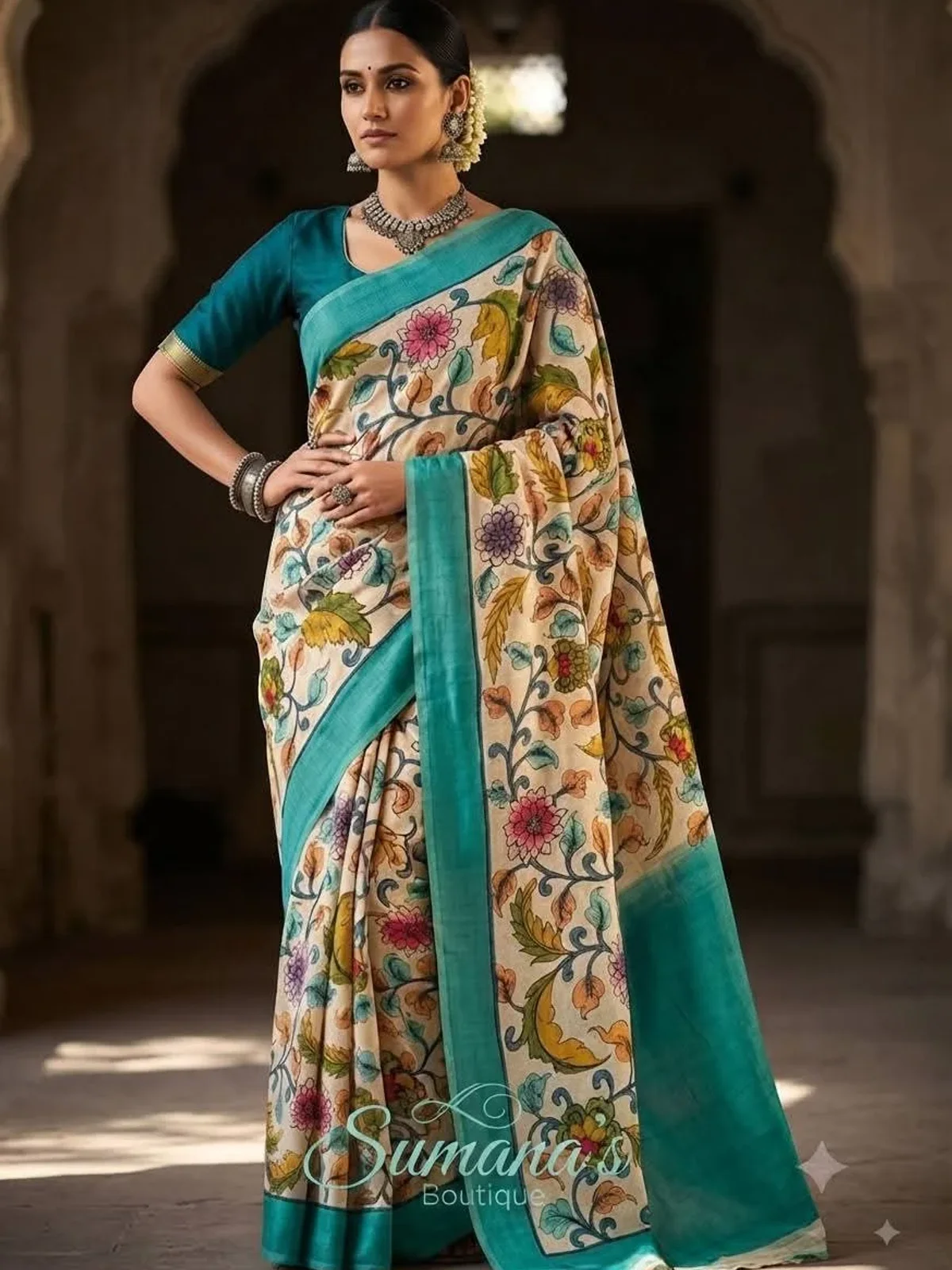 Teal Kalamkari Effect Saree