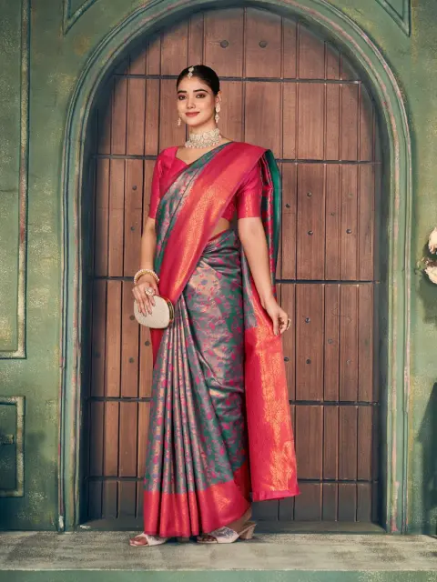 Grey Banarasi Silk Saree with Pink Pallu