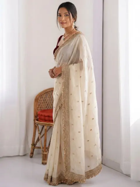 Ivory Satin Saree with Zari Embroidery