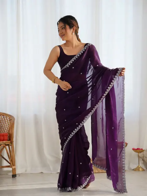 Purple Satin Saree with Sequin Butti