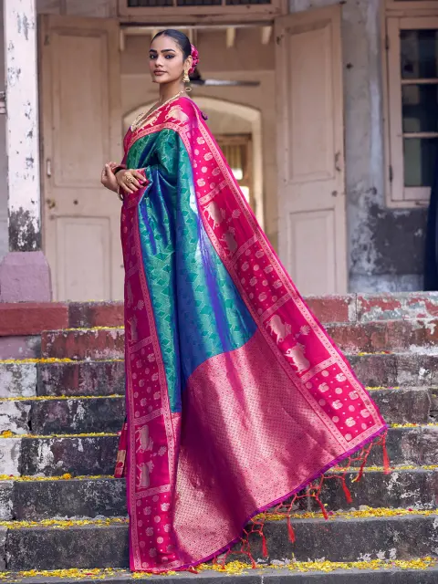 Teal Silk Saree with Pink Paithani Border