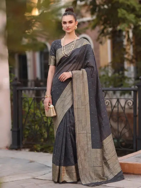 Black Cotton Blend Saree with Printed Pallu