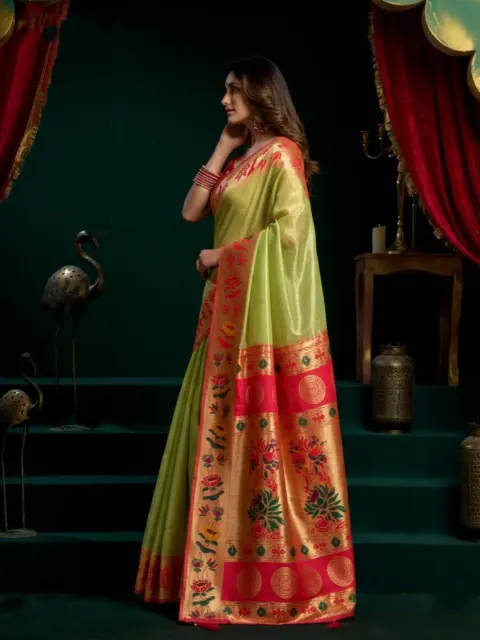 Lime Green Tissue Paithani Saree
