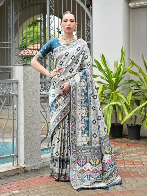 Grey Patola Print Silk Saree