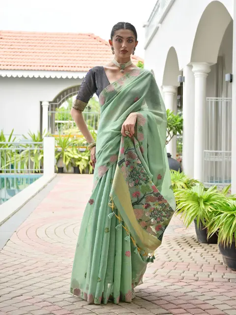 Sea Green Muga Cotton Saree