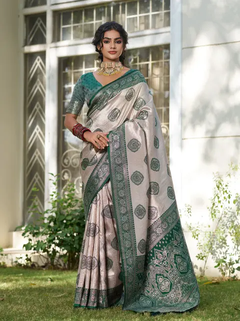 Cream Silk Blend Saree with Dark Green Border
