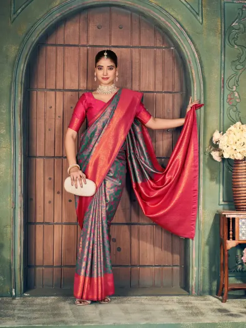 Grey Banarasi Silk Saree with Pink Pallu