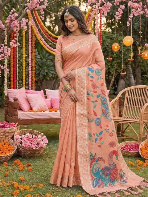 Peach Linen Cotton Saree with Peacock Pallu