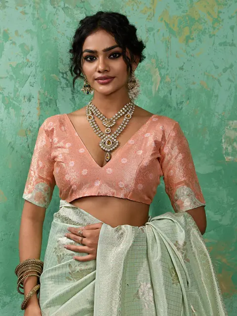 Pastel Green Linen Cotton Saree with Peach Pallu