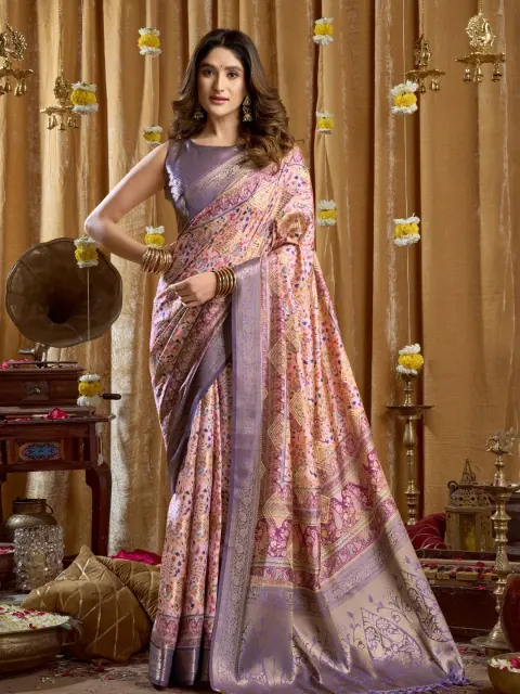 Lavender Cluster Print Saree with Banarasi Border