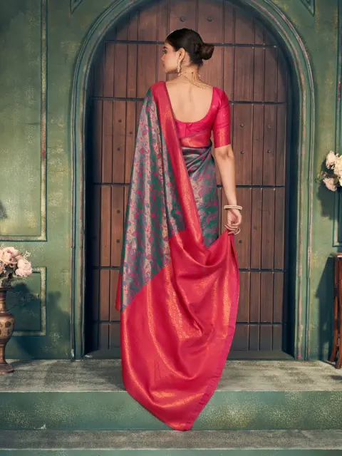 Grey Banarasi Silk Saree with Pink Pallu