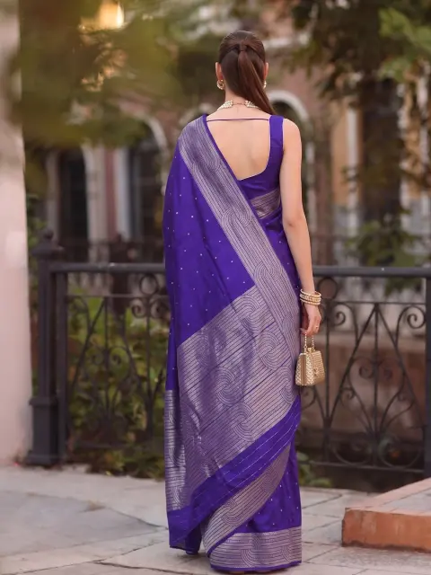 Violet Cotton Blend Saree with Silver Border