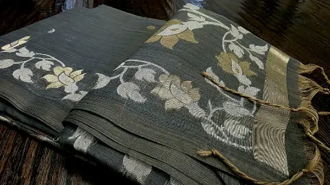 Charcoal Goldvine Cotton Tantuj Saree