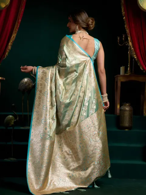 Mint Green Satin Silk Saree with Gold Zari