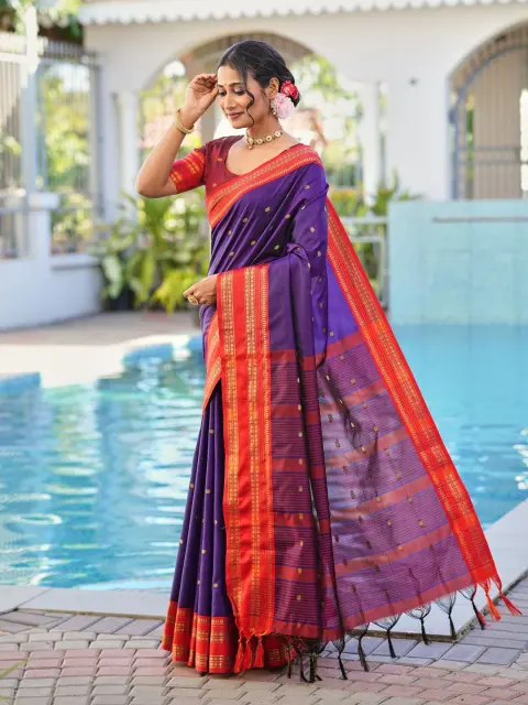 Purple Banarasi Silk Saree with Zari Border