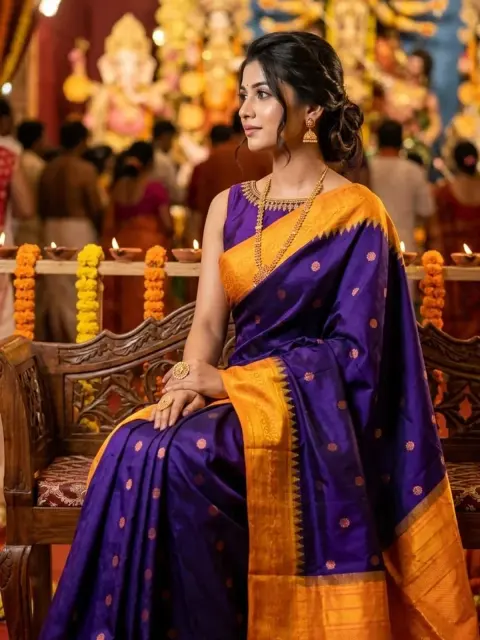 Royal Purple Mustard Border Saree