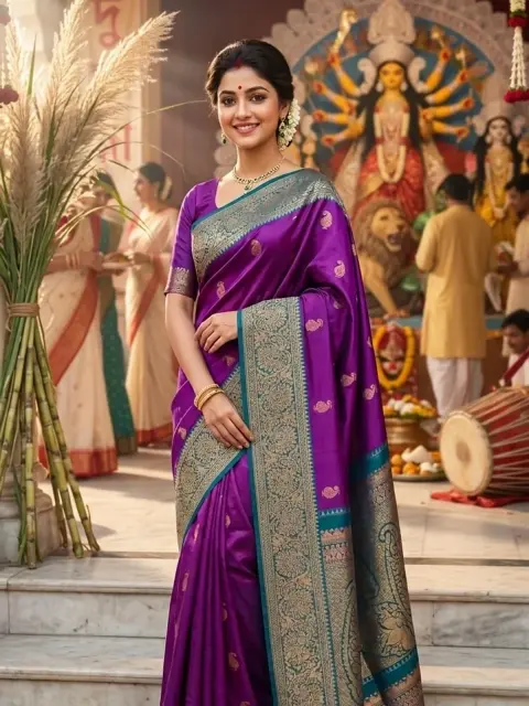 Purple Teal Ornate Border Saree