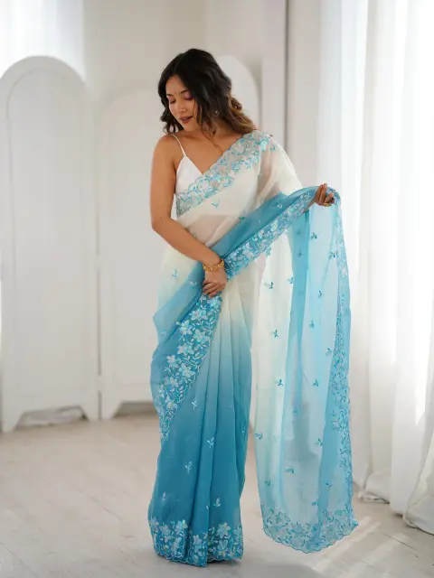 Blue Ombre Sequin Embroidered Saree