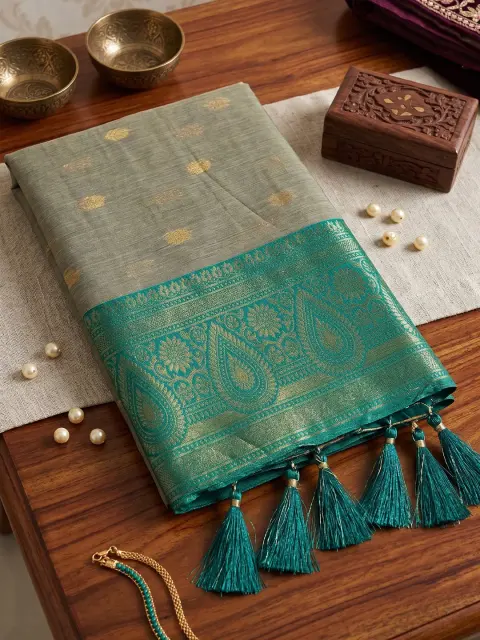 Beige Cotton Saree with Rama Green Border