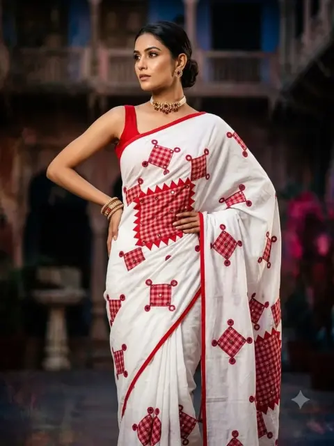 Ivory Red Geometric Saree