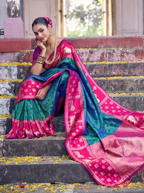 Teal Silk Saree with Pink Paithani Border