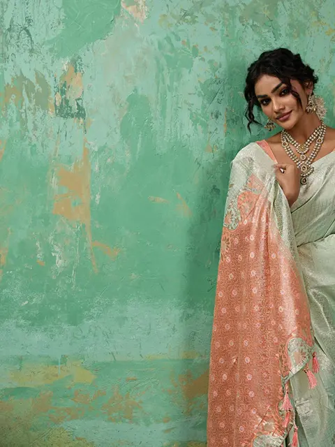 Pastel Green Linen Cotton Saree with Peach Pallu
