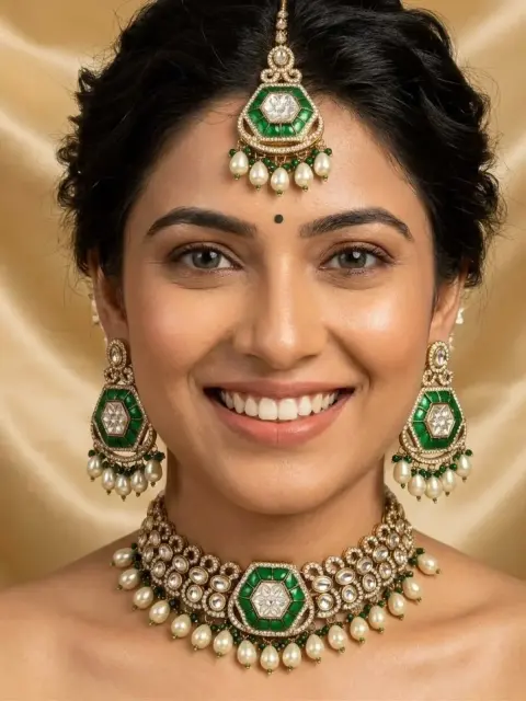Emerald Kundan Choker and Earring Set