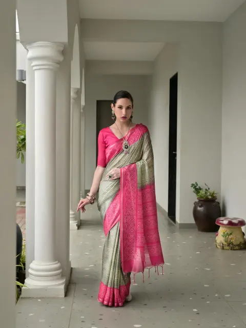 Pista Green Tussar Silk Ikkat Saree