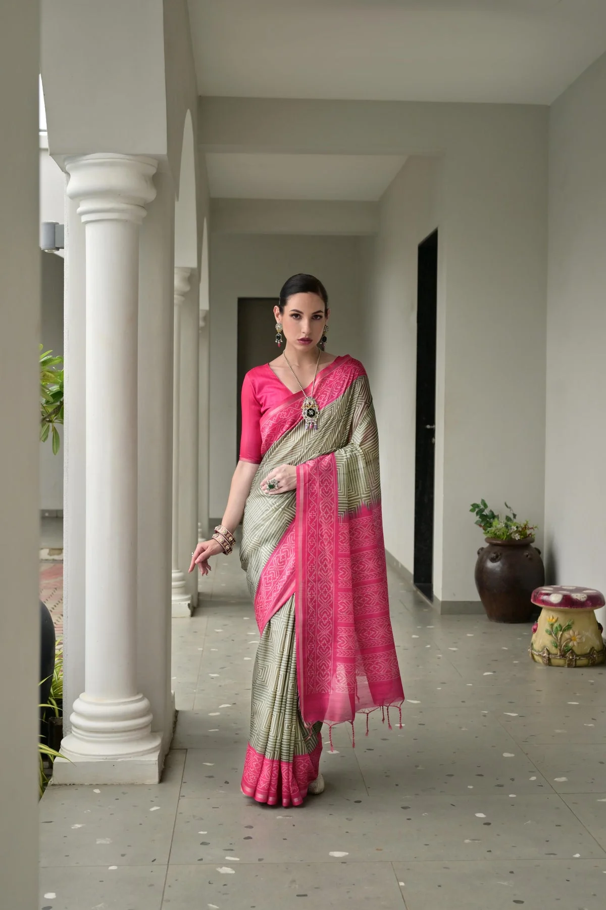 Pista Green Tussar Silk Ikkat Saree