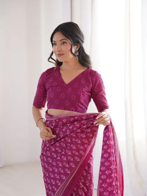 Magenta Bagru Hand-Block Cotton Saree