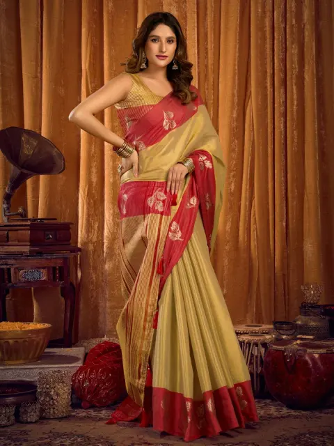 Light Gold Tissue Saree with Red Border