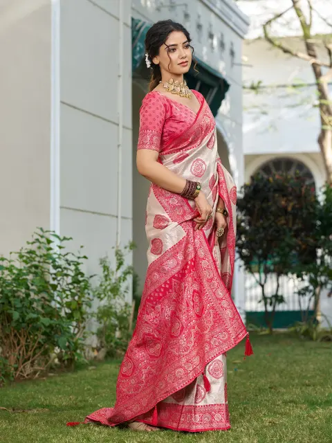 Cream Silk Blend Saree with Red Motifs