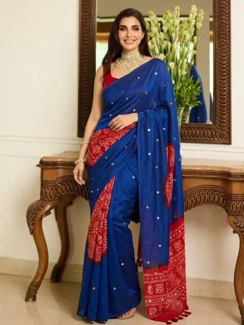 Blue Cotton Saree with Mirror Work