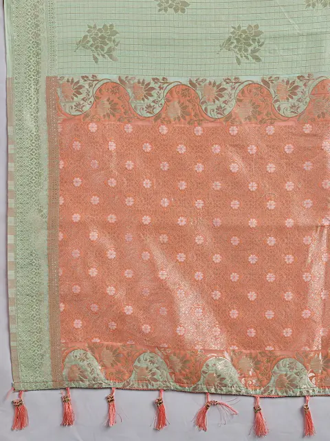Pastel Green Linen Cotton Saree with Peach Pallu