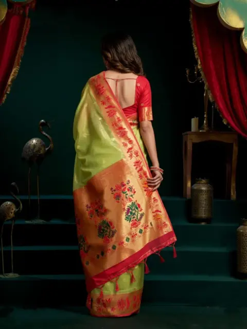 Lime Green Tissue Paithani Saree