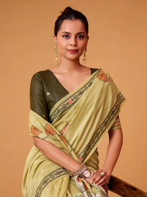 Olive Green Jamdani Cotton Saree