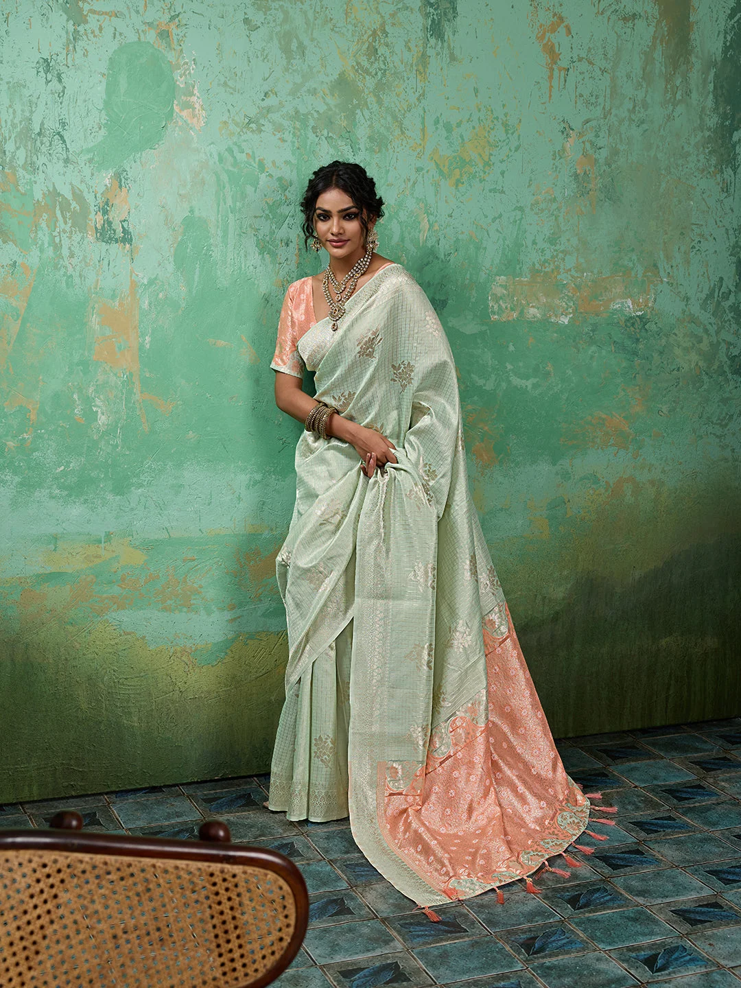 Pastel Green Linen Cotton Saree with Peach Pallu