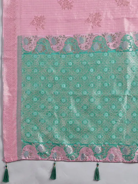 Pink Linen Cotton Saree with Mint Pallu