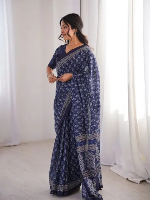 Indigo Bagru Hand-Block Cotton Saree