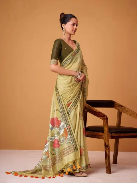 Olive Green Jamdani Cotton Saree