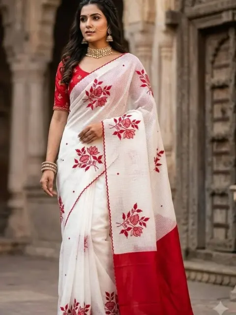 Ivory Crimson Floral Saree