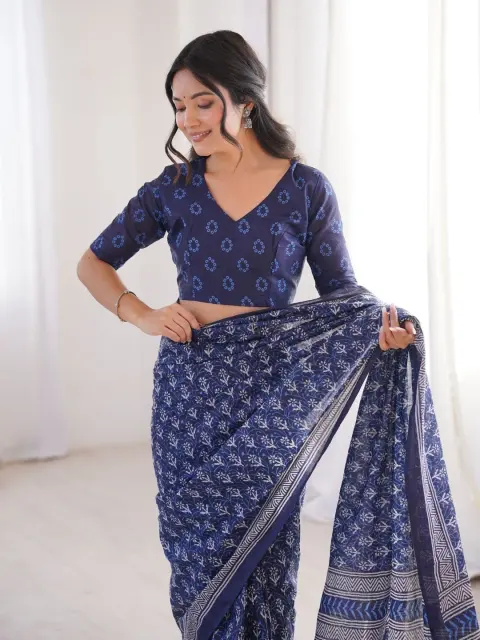 Indigo Bagru Hand-Block Cotton Saree